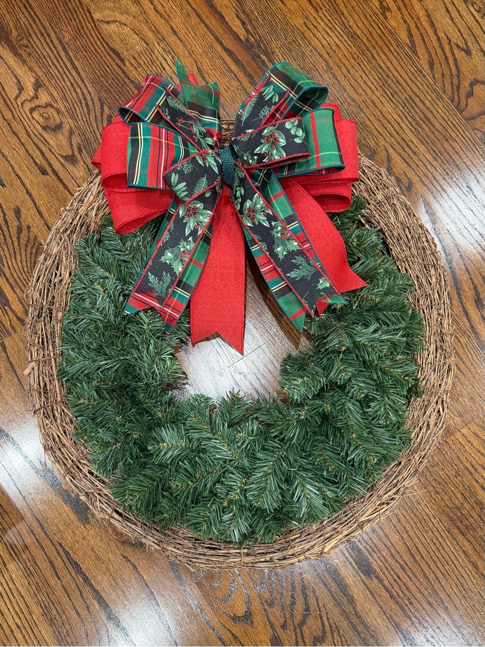 Classic Green Holiday Wreath with Red Plaid Bow
